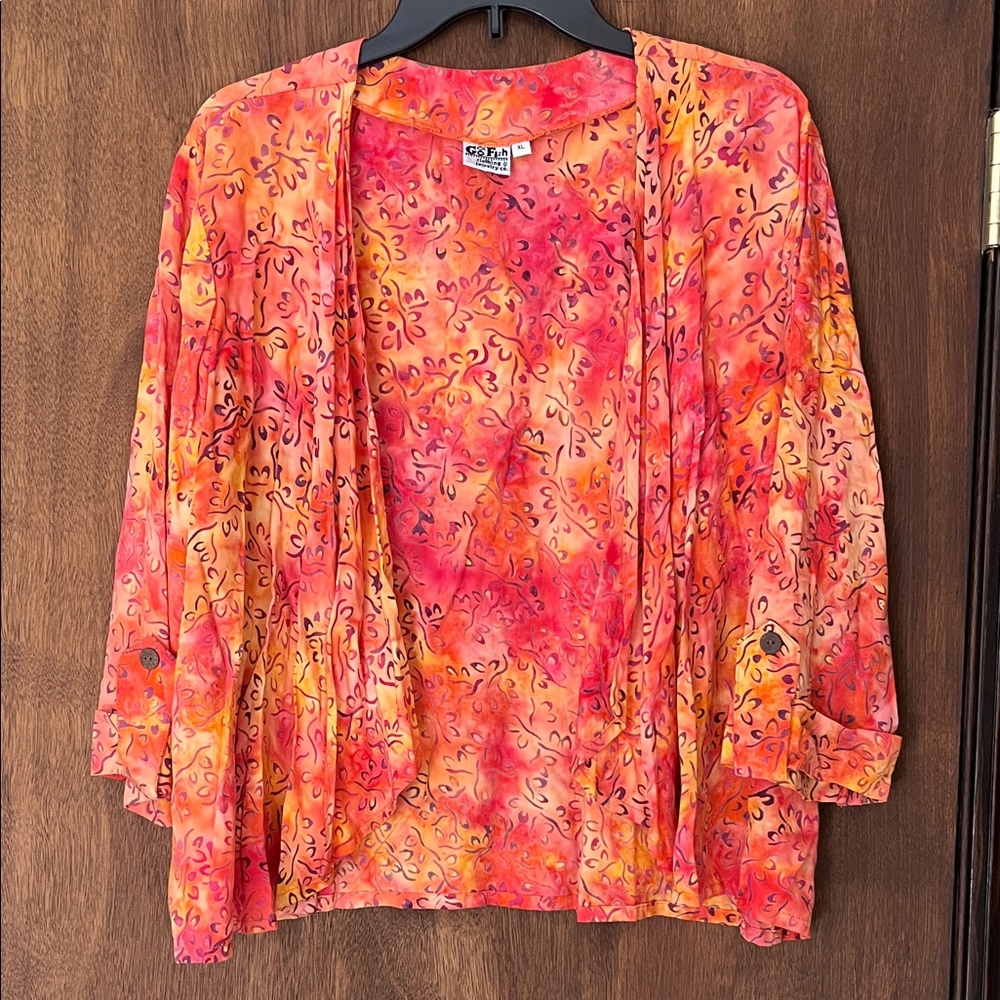 Go Fish Clothing Bright Orange Art To Wear Open Front Blouse XL Floral Summer